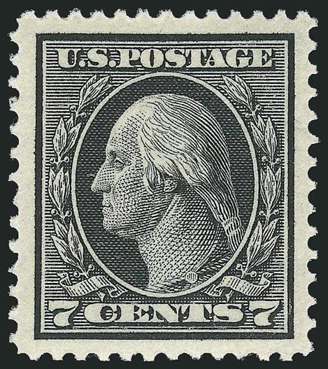 7c Black (407).> Mint N.H., intense shade and proof-like impression on bright paper, superior centering with wide and balanced margins<><>^EXTREMELY FINE GEM. A SUPERB MINT NEVER-HINGED EXAMPLE OF THE 1914
7-CENT BLACK, SCOTT 407.^<><>With 2000 P