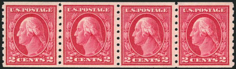 2c Carmine, Coil (413).> Mint N.H. strip of four, brilliant color, light vertical bend in right stamp, Very Fine, with 2005 P.S.E. certificate, Scott Retail as two pairs