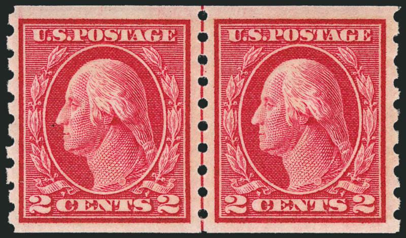 2c Carmine, Coil (413).> Mint N.H. guide line pair, radiant color, wide and balanced margins, fresh and Extremely Fine, a beautiful guide line pair, with 2002 P.F. certificate