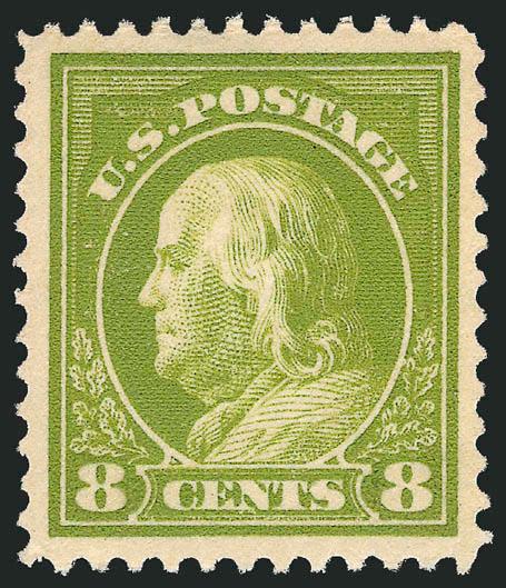 8c Pale Olive Green (414).> Mint N.H., pretty pastel shade, gorgeous centering with well-proportioned margins, fresh and Extremely Fine, a beautiful stamp, with 2003 P.S.E. certificate for pair