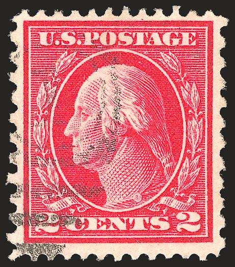 2c Rose Red, Ty. I, Perf 12 x 10 (423B formerly 425d).> Intense shade and impression, unusually choice centering, neat duplex cancel<><>^VERY FINE AND UNUSUALLY CHOICE EXAMPLE OF THE 1914 2-CENT PERF 12 x 10
ISSUE. ONLY 30 USED COPIES ARE RECORDED