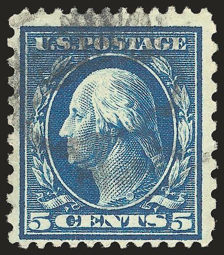 5c Blue, Perf 12 x 10 (423C formerly 428a).> Deep rich color, choice centering for this issue, light cancel<><>^VERY FINE EXAMPLE OF THE 1914 5-CENT WASHINGTON PERF 12 x 10 ISSUE. EXTREMELY RARE IN SOUND
CONDITION.^<><>Our census of Scott 423C,