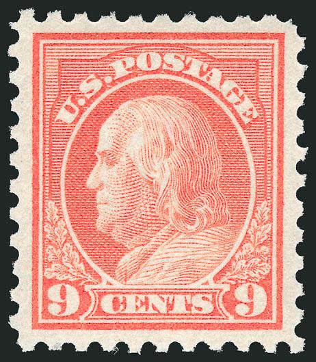 9c Salmon Red (432).> Mint N.H., vivid color on post-office fresh paper, long and full perforations all around<><>^EXTREMELY FINE GEM. THIS MAGNIFICENT STAMP HAS BEEN AWARDED THE GRADE OF SUPERB 98 BY P.S.E. --
THIS IS THE HIGHEST GRADE AWARDED TO