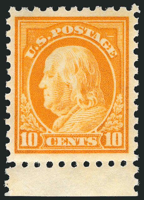 10c Orange Yellow (433).> Mint N.H. with <selvage at bottom,> intense shade and impression, wide and balanced margins, fresh and Extremely Fine, with copy of 1993 P.F. certificate for block and 2008 P.S.E.
certificate (VF-XF 85 SMQ $205.00)
