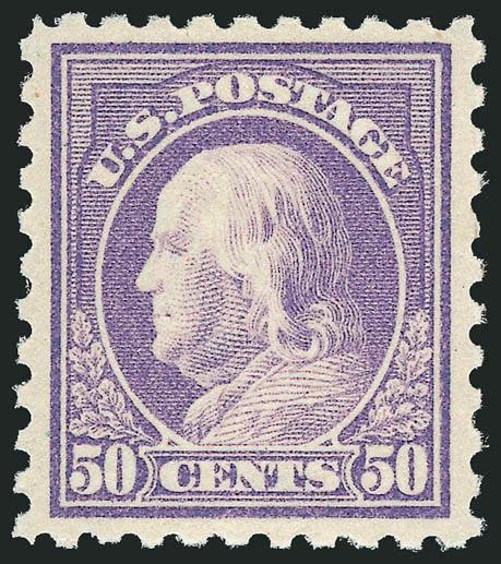 50c Violet (440).> Mint N.H., deep rich color on bright paper, choice centering with wide and balanced margins all around<><>^EXTREMELY FINE. A SUPERB MINT NEVER-HINGED EXAMPLE OF THE SINGLE-LINE WATERMARKED
50-CENT PERF 10 FRANKLIN ISSUE.^<><>Wi