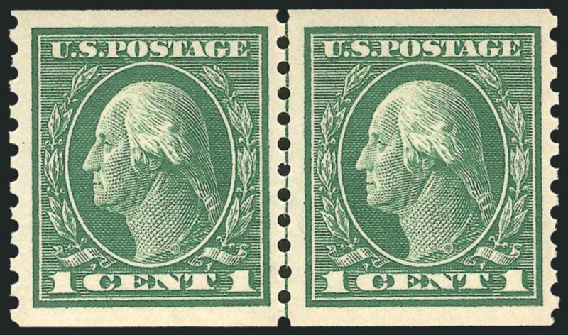 1c Green, Coil (443).> Mint N.H. guide line pair, Jumbo margins, rich color on bright paper, Extremely Fine Gem, a phenomenal guide line pair, ex Piedmont, with 1990 and 1999 P.F. certificates
