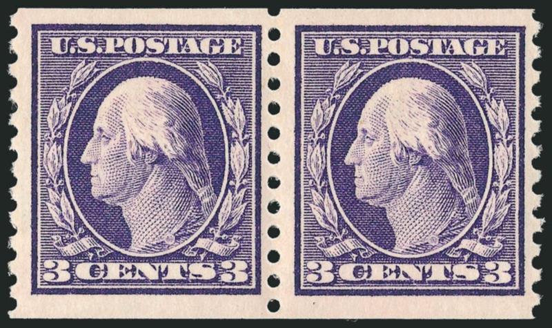 3c Violet, Coil (445).> Mint N.H. pair, deep rich color on post-office fresh paper, Jumbo margins, Very Fine and choice, with 2000 P.S.E. certificate