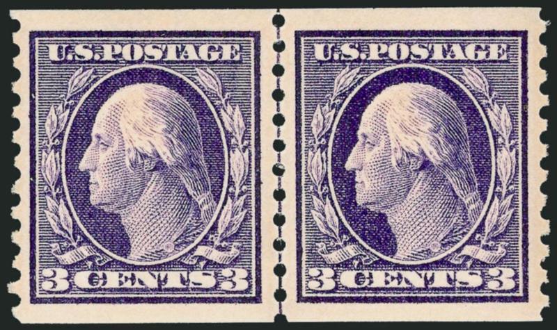 3c Violet, Coil (445).> Mint N.H. guide line pair, deep rich color and proof-like impression on bright paper, beautiful centering with wide margins<><>^EXTREMELY FINE GEM. AN OUTSTANDING MINT NEVER-HINGED PAIR
OF THE 3-CENT SINGLE-LINE WATERMARK PE