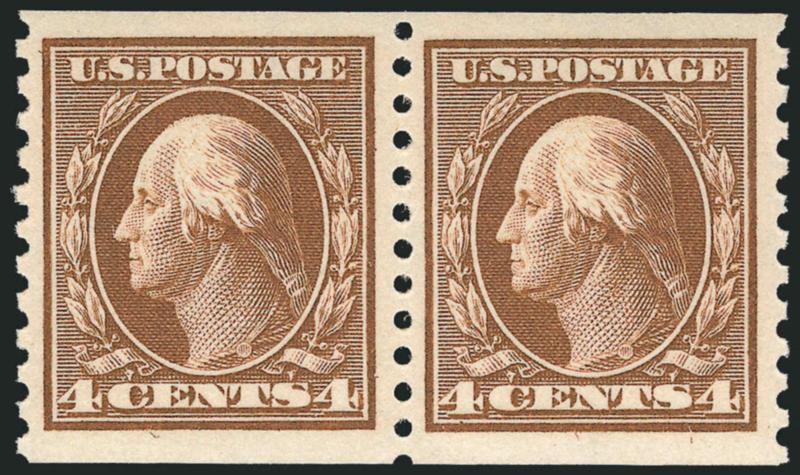 4c Brown, Coil (446).> Mint N.H. pair, bright shade, crisp impression, unusually choice centering with wide and balanced margins, fresh and Extremely Fine, a beautiful pair, with 2001 P.F. and 2008 P.S.E.
certificates (XF 90 Jumbo SMQ $1,400.00 as 9