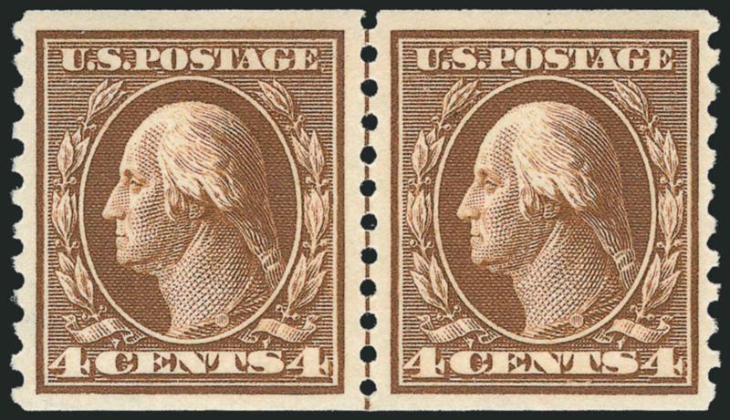 4c Brown, Coil (446).> Mint N.H. guide line pair, rich color and proof-like impression, unusually choice centering for this difficult issue<><>^EXTREMELY FINE. A BEAUTIFUL MINT NEVER-HINGED GUIDE LINE PAIR OF
THE 1914 4-CENT PERF 10 SINGLE-LINE WAT