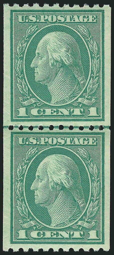 1c Green, Coil (448).> Mint N.H. joint line pair, intense shade and impression, perfectly centered with wide margins, Extremely Fine Gem, a superb joint line pair, with 2008 P.S.E. certificate (XF 90 SMQ
$425.00), only one has graded higher to date