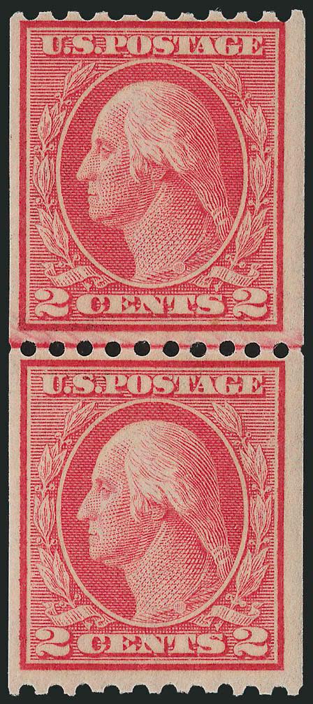 2c Red, Ty. I, Coil (449).> Mint N.H. joint line pair, brilliant color and detailed impression.<><>^FINE-VERY FINE AND RARE MINT NEVER-HINGED JOINT LINE PAIR OF THE 1915 2-CENT TYPE I VERTICAL COIL. AN
OUTSTANDING RARITY.^<><>Type I rotary press