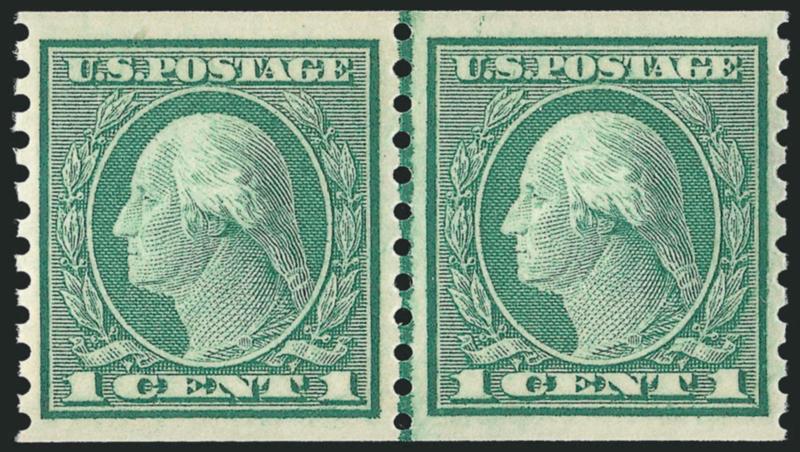 1c Green, Coil (452).> Mint N.H. joint line pair, intense shade, wide and balanced margins, Extremely Fine Gem, a superb joint line pair, with 2001 P.F. and 2008 P.S.E. certificates (XF-Superb 95 SMQ $600.00),
only two have graded higher to date
