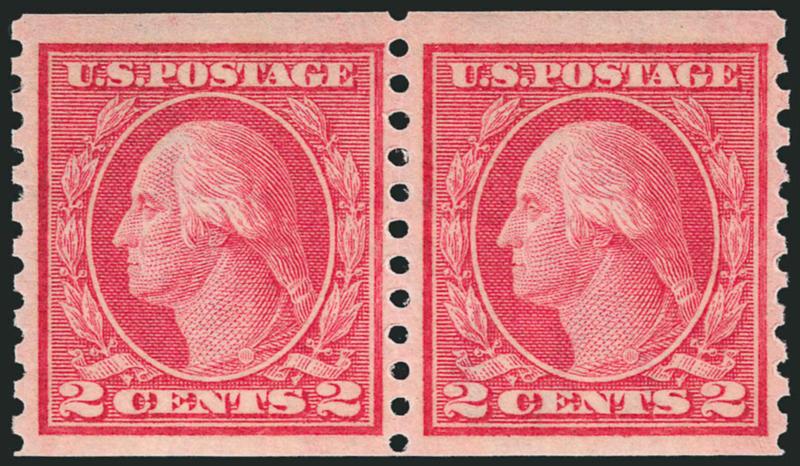 2c Carmine Rose, Ty. I, Coil (453).> Mint N.H. pair, radiant color on post-office fresh paper, unusually choice centering with wide and balanced margins, Very Fine and choice, a beautiful Mint N.H. pair, with
2002 P.F. certificate