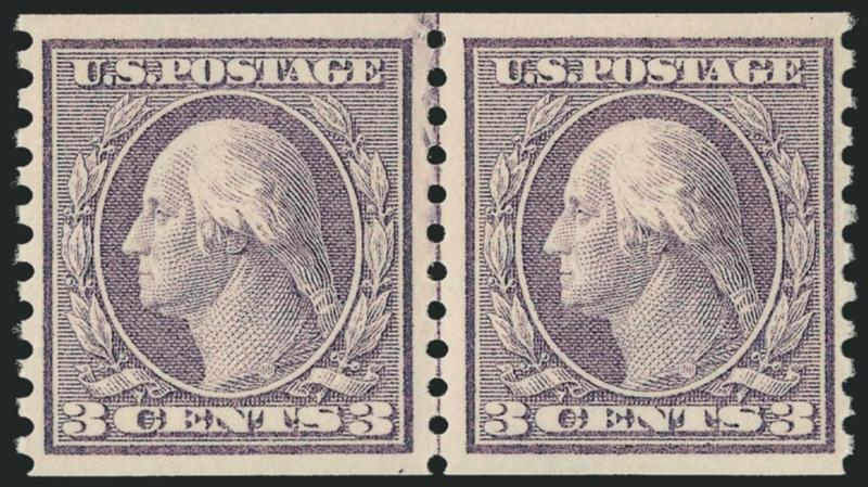 3c Violet, Coil (456).> Mint N.H. joint line pair, choice centering with wide margins, fresh color and crisp impression<><>^EXTREMELY FINE GEM. A SUPERB MINT NEVER-HINGED JOINT LINE PAIR OF THE 1916 3-CENT
HORIZONTAL COIL.^<><>Ex Silver Lake and