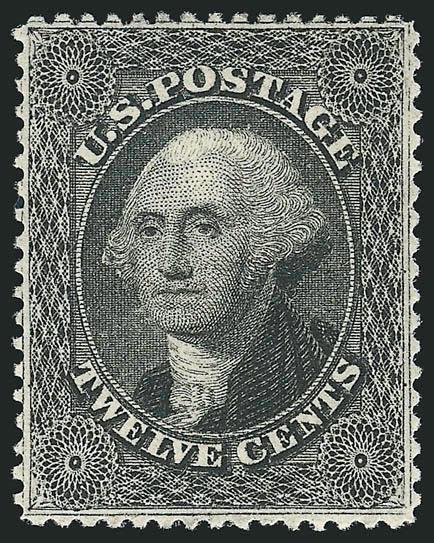 12c Black, Plate 3 (36b).> Original gum, lightly hinged, unusually choice centering with wide margins for this difficult issue, intense shade and proof-like impression on bright paper<><>^EXTREMELY FINE. A SUPERB
ORIGINAL-GUM EXAMPLE OF THE 12-CENT