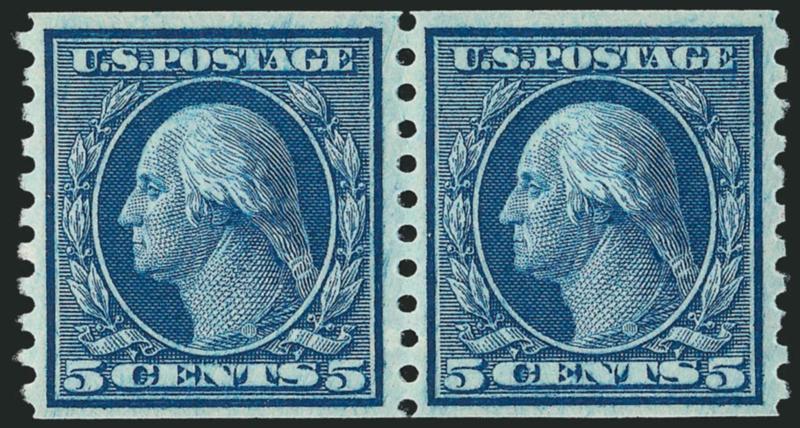 5c Blue, Coil (458).> Mint N.H. pair, deep rich color, beautiful centering, Very Fine, with 2003 P.S.E. certificate