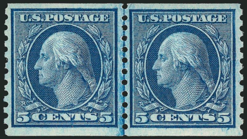 5c Blue, Coil (458).> Mint N.H. joint line pair, deep rich color, detailed impression, wide margins, Very Fine and choice, with 2002 P.F. certificate