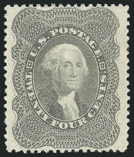 24c Gray Lilac (37).> Original gum, lightly hinged, beautifully centered, wonderfully fresh color and impression on bright white paper<><>^EXTREMELY FINE. A SUPERB ORIGINAL-GUM EXAMPLE OF THE 1857 24-CENT GRAY
SHADE.^<><>Collectors looking for Ge