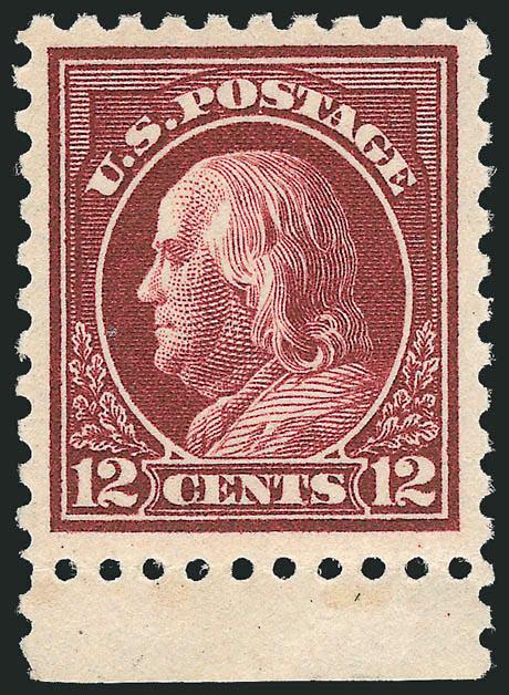 12c Claret Brown (474).> Mint N.H. with <selvage at bottom,> wide and balanced margins, natural perf disc indent at bottom, Extremely Fine, a beautiful stamp, with copy of 2000 P.F. and with 2008 P.S.E.
certificate