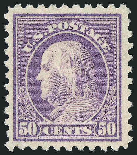 50c Light Violet (477).> Mint N.H., brilliant color, wide margins<><>^VERY FINE AND CHOICE MINT NEVER-HINGED EXAMPLE OF THE 50-CENT PERF 10 FRANKLIN ISSUE ON UNWATERMARKED PAPER.^<><>This 50c issue was only
available in post-office stocks for a v