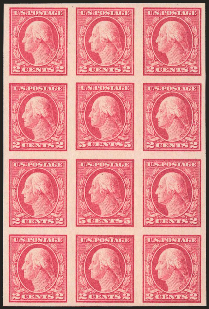5c Carmine, Imperforate, Error (485).> Mint N.H. double error in block of twelve, large margins all around, luminous color<><>^EXTREMELY FINE. A BEAUTIFUL MINT NEVER-HINGED EXAMPLE OF THE 5-CENT IMPERFORATE
DOUBLE ERROR IN A BLOCK OF TWELVE. AN IMP