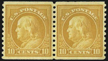 1c-10c 1916-22 Issue Coils (486-490, 492-497).> Mint N.H. pairs, brilliant colors, better centering than usually found offered as a set, fresh and Extremely Fine, No. 490 light pencil notation on
gum