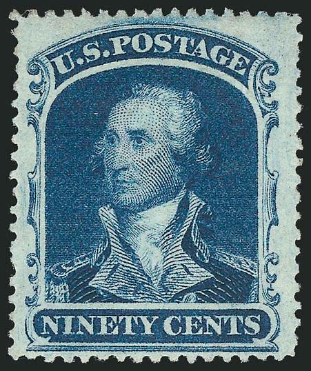 90c Blue (39).> Original gum, deep rich color on bright paper, wide margins<><>^VERY FINE AND CHOICE ORIGINAL-GUM EXAMPLE OF THE 90-CENT 1860 ISSUE. A BEAUTIFUL STAMP.^<><>With 1979 P.F. and 2005 P.S.E.
certificates