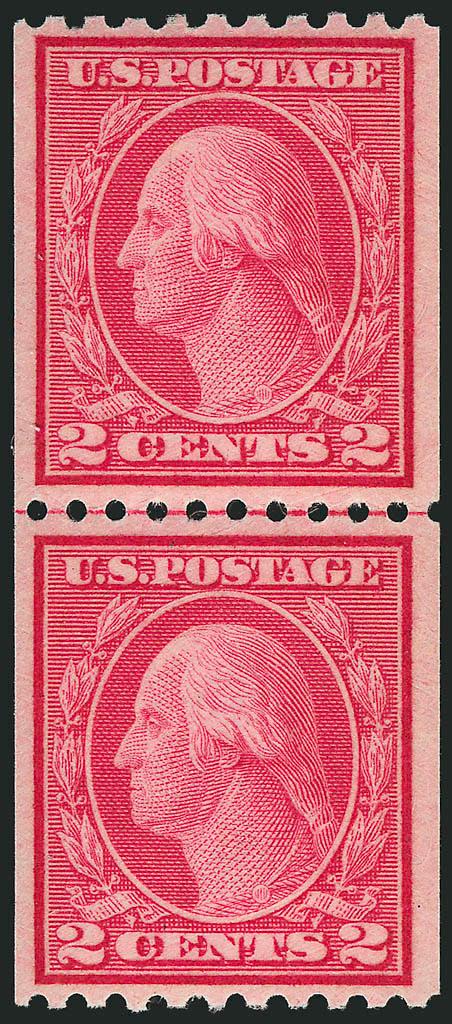 2c Carmine, Ty. II, Coil (487).> Mint N.H. joint line pair, brilliant color, perfectly centered with wide and balanced margins, Extremely Fine Gem, a superb joint line pair, with 1997 A.P.S. and 2004 P.S.E.
certificates (XF-Superb 95 SMQ $1,050.00),