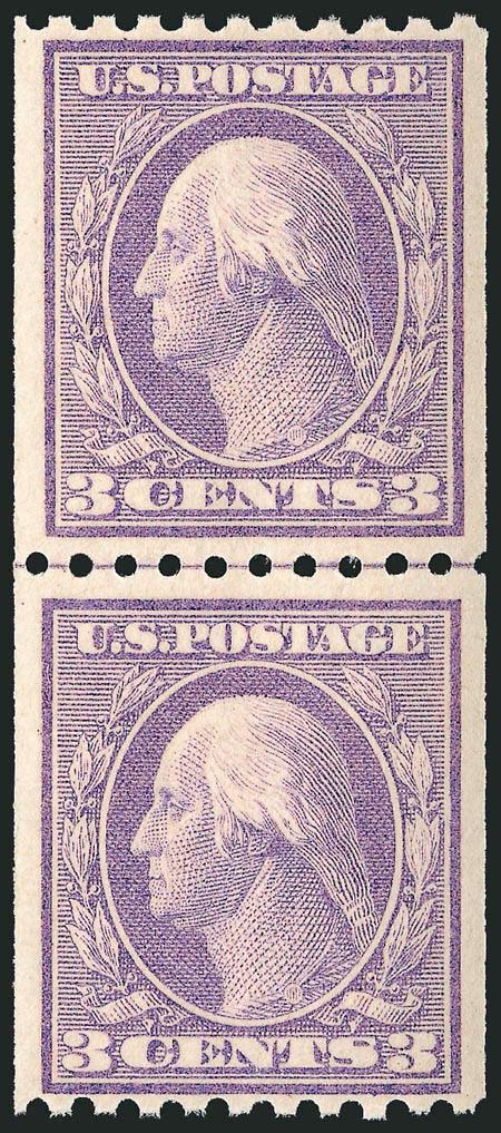 3c Violet, Ty. I, Coil (489).> Mint N.H. joint line pair, brilliant color, gorgeous centering, Extremely Fine, with 1991 P.F. and 2008 P.S.E. certificates (VF-XF 85 SMQ $130.00)