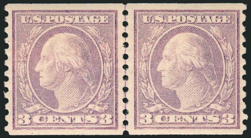 3c Violet, Ty. II, Coil (494).> Mint N.H. joint line pair, radiant color, gorgeous centering, Extremely Fine Gem, with 2001 P.S.E. certificate