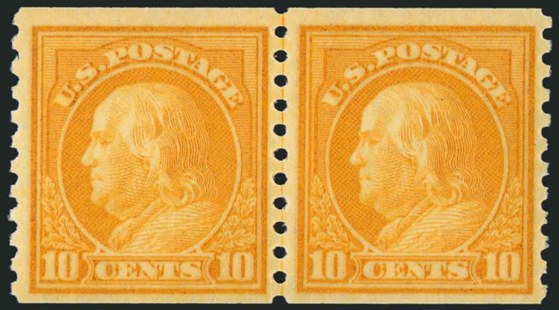 10c Orange Yellow, Coil (497).> Mint N.H. joint line pair, intense shade, wide margins, Very Fine and choice, with 2000 P.F. certificate