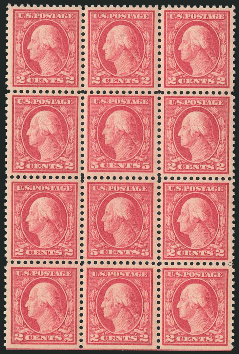 5c Rose, Error (505).> Mint N.H. double error in block of twelve, natural s.e. at bottom, brilliant color, completely free from the natural gum skips and bends that are often found on this issue<><>^VERY FINE
AND CHOICE MINT NEVER-HINGED BLOCK OF T