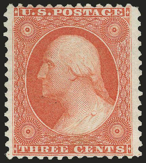 3c Scarlet, Reprint (41).> Without gum as issued, choice centering with enormous margins at sides, rich color<><>^EXTREMELY FINE EXAMPLE OF THE 3-CENT 1857 ISSUE REPRINT.^<><>Only 479 sold. With 1993 P.S.E. and
2004 P.F. certificates