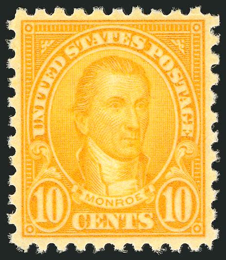 10c Orange, Perf 10 (591).> Mint N.H., vivid color, choice centering for this difficult issue with wide and balanced margins, Extremely Fine Gem, a superb stamp in every respect, with 2000 P.F.
certificate
