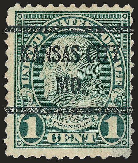 1c Green, Rotary Perf 11 (596).> Bold Kansas City Mo. Bureau precancel, dark shade and rich color, fine impression, small thin spot at bottom right<><>^FINE APPEARANCE. A RARE OPPORTUNITY TO ACQUIRE THE ONE-CENT
FRANKLIN ROTARY PERF 11 ISSUE, SCO
