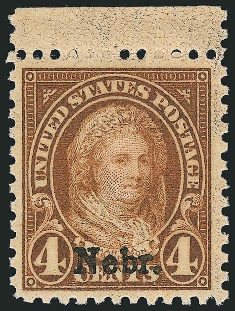 4c Nebr. Ovpt. (673).> Mint N.H. and with <selvage at top,> almost perfectly centered with unusually wide margins for this issue, Extremely Fine Gem, a gorgeous stamp, with 2001 P.S.E. certificate