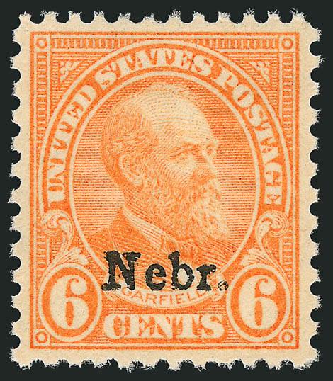 6c Nebr. Ovpt. (675).> Mint N.H., radiant color on bright paper, magnificent centering with wide and balanced margins, Extremely Fine Gem, a superb stamp in every respect, with 2004 P.S.E. certificate (XF-Superb
95 SMQ $780.00)