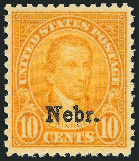 10c Nebr. Ovpt. (679).> Mint N.H., vibrant color, perfectly centered with wide margins, Extremely Fine Gem, a superb stamp in every respect, with 2000 P.F. certificate
