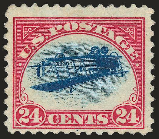 24c Carmine Rose & Blue, Center Inverted (C3a).> Position 24, rich colors on bright paper, fresh original gum, single hinge mark<><>^FRESH AND FINE. A RARE SOUND EXAMPLE OF THE 1918 24-CENT INVERTED JENNY ERROR.
WITHOUT QUESTION THIS IS THE MOST