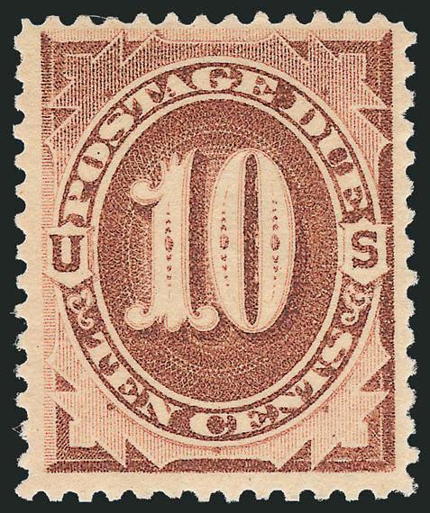 10c Brown (J5).> Original gum, barely hinged, intense shade and impression, choice centering for this difficult issue<><>^VERY FINE AND CHOICE. A RARE SOUND AND WELL-CENTERED ORIGINAL-GUM EXAMPLE OF THE 1879
10-CENT BROWN POSTAGE DUE ISSUE. A DIFFI
