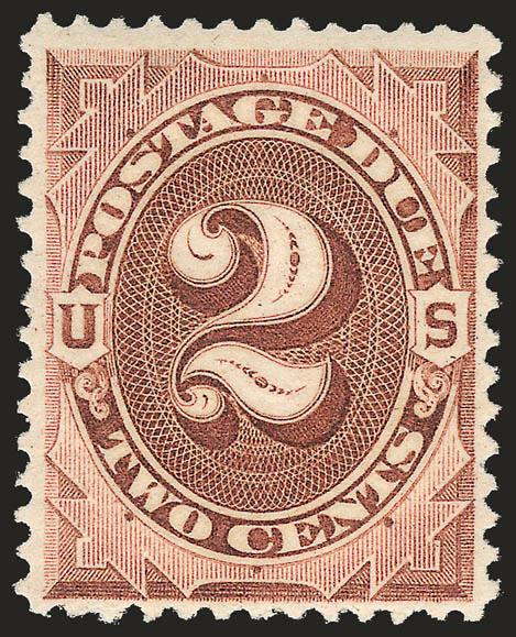 2c Deep Brown, Special Printing (J9).> Original gum, lightly hinged, choice centering for this difficult issue, bright color and detailed impression on crisp paper<><>^VERY FINE AND CHOICE. A BEAUTIFUL EXAMPLE
OF THE RARE 2-CENT POSTAGE DUE SPECIAL