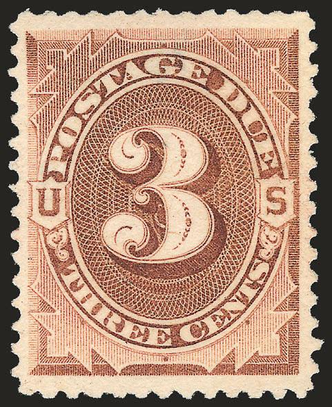 3c Deep Brown, Special Printing (J10).> Unused (no gum), bright color and detailed impression, choice centering for this difficult issue<><>^EXTREMELY FINE. THE 3-CENT IS POSSIBLY THE RAREST OF THE POSTAGE DUE
SPECIAL PRINTINGS, AND IS EXTREMELY RA