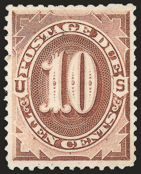 10c Deep Brown, Special Printing (J12).> Unused (no gum), unusually choice centering, bright color, small thin spots<><>^EXTREMELY FINE APPEARING EXAMPLE OF THE RARE 10-CENT POSTAGE DUE SPECIAL PRINTING.^<><>It
has been estimated that no more tha