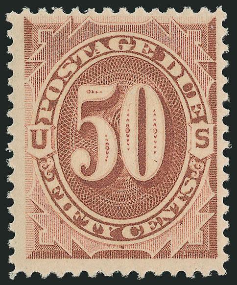 50c Red Brown (J21).> Mint N.H., detailed impression, wide margins<><>^VERY FINE. A RARE MINT NEVER-HINGED EXAMPLE OF THE 1884 50-CENT RED BROWN POSTAGE DUE.^<><>With 2000 P.F. certificate.