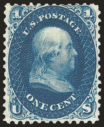 1c Indigo, First Design (55).> Unused (no gum), choice centering for this stamp with well-balanced margins, top perfs slightly into oval as they are on virtually all known copies, intense shade and impression,
single pulled perforation at upper left<