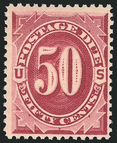 50c Bright Claret (J28).> Mint N.H., deep rich color and proof-like impression, fresh and Very Fine, with 2000 P.F. and 2000 and 2003 P.S.E. certificates, surprisingly scarce in Mint N.H. condition, we have
offered only nine others in the past 14 yea