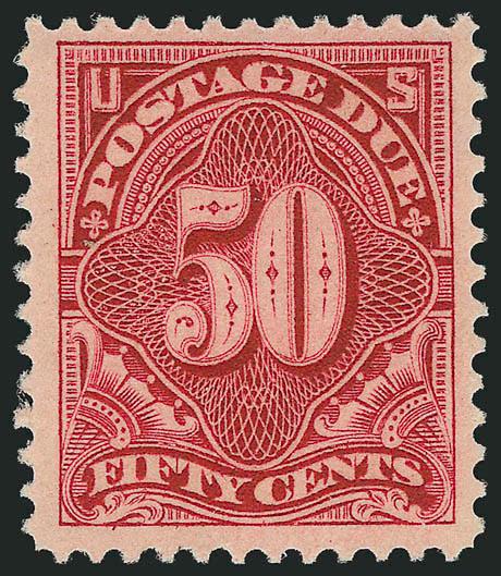 50c Deep Claret (J50).> Mint N.H., wide margins, detailed impression on post-office fresh paper<><>^EXTREMELY FINE. THE 50-CENT PERF 12 SINGLE-LINE WATERMARK POSTAGE DUE IS RARE IN SUPERB MINT NEVER-HINGED
CONDITION.^<><>Ex Drucker and Scarsdale.