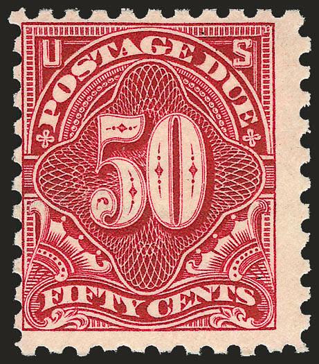 50c Carmine Lake (J58).> Mint N.H., wonderfully fresh, rich color, centered to left and slightly to top<><>^FINE. DESPITE THE CENTERING, THIS IS STILL A HIGHLY COLLECTIBLE EXAMPLE OF THIS POSTAGE DUE RARITY,
ESPECIALLY IN NEVER-HINGED POST OFFICE C
