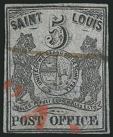St. Louis Mo., 5c Black on Bluish Pelure (11X7).> Type III, Position 5, ample margins to clear, usual pen cancel and also part of <red ^Paid^ handstamp,> typically fragile pelure paper has been partially
repaired<><>^FINE APPEARANCE. THE 5-CENT O